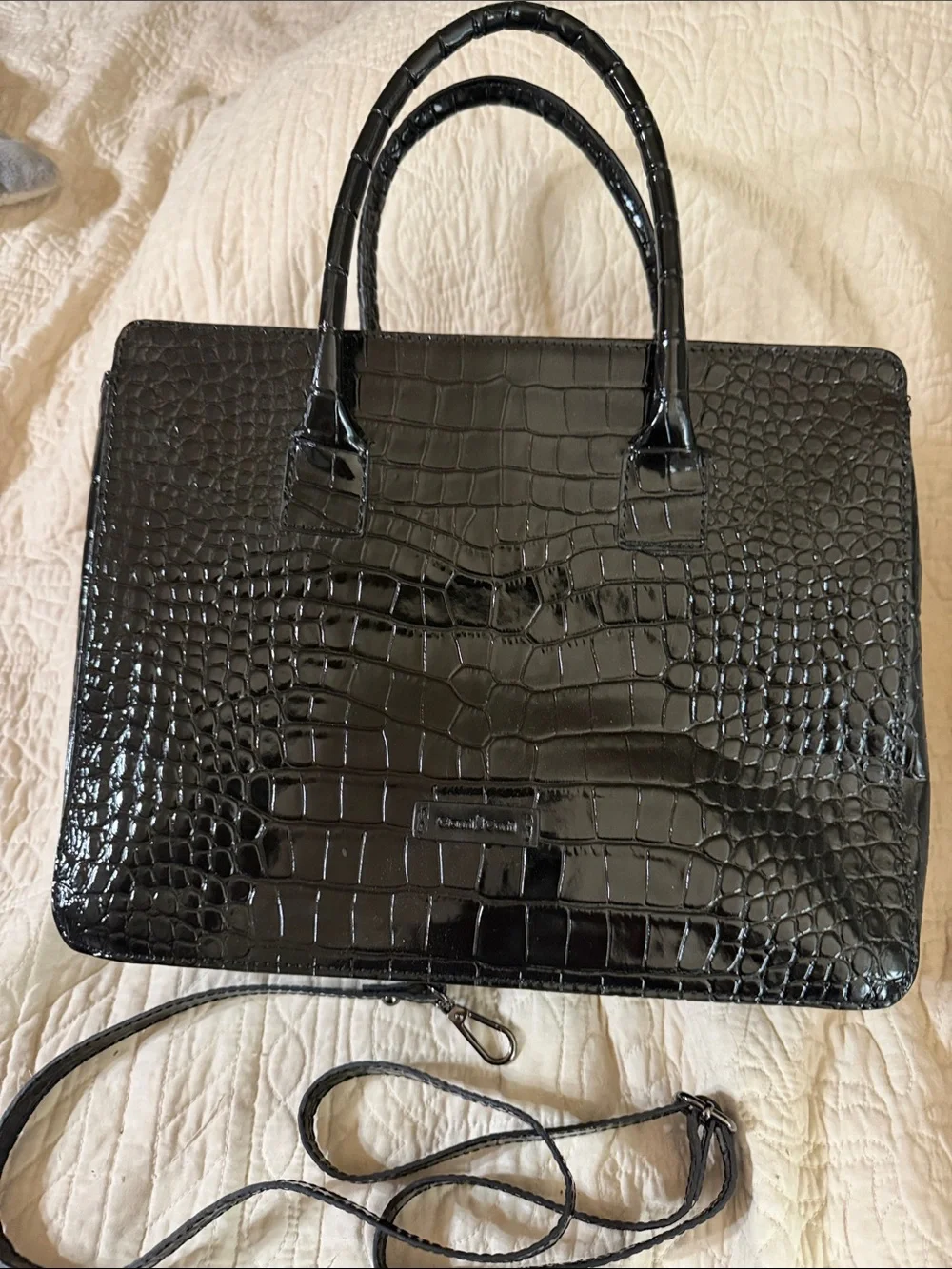 Gianni Bini Black Croc-Embossed Patent Satchel with Detachable Strap